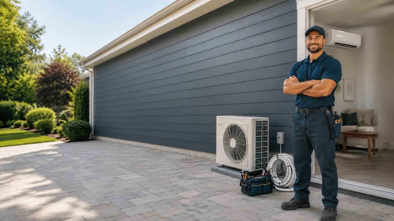 HVAC technician standing beside an installed outdoor mini-split unit